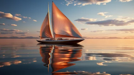 Gordijnen A majestic sailboat glides through the tranquil waters, its mast reaching towards the vibrant sky as the sun sets, reflecting off the surface and creating a breathtaking scene of freedom © Envision