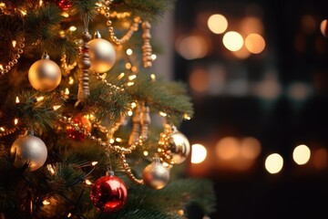 Obraz na płótnie Canvas a christmas tree ornamented with lights and baubles