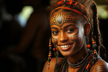 Young African woman with traditional painted face. - obrazy, fototapety, plakaty