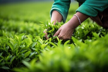 genuine tea leaves being picked in a lush, green tea plantation