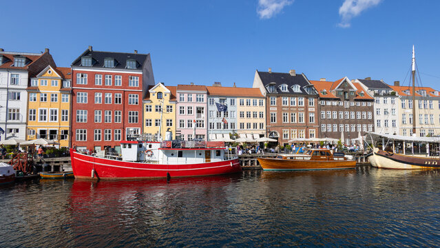 Nyhavn boats canal 
Copenhagen Denmark 
