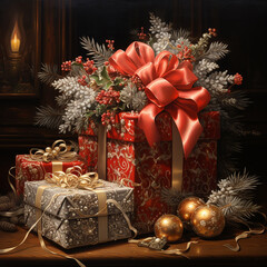 Naklejka na ściany i meble christmas tree with gifts and decorations