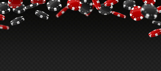 Flying vegas casino black and red poker chips, gambling addiction, risky money, huge jackpot, successful bet, lucky game. Concept of playing game via real cash. Dark background. Vector illustration