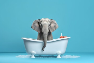 Funny and cute elephant taking a bath in a bathtub. Isolated on a blue background.