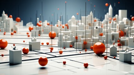 Vibrant lego structures fill the indoor landscape of a bustling city, adorned with bursts of orange balls that ignite the imagination and evoke a sense of playful wonder - obrazy, fototapety, plakaty