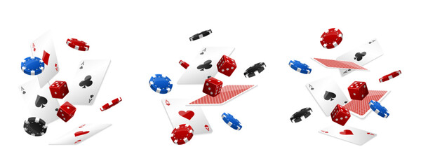Flying vegas casino blue and red poker chips, dice, cards. Gambling addiction, risky money, huge jackpot, lucky game. Concept of playing game via real cash. White background. Vector illustration