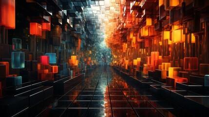 A vibrant image captures the fluidity and wildness of a building's colorful cube hallway, illuminated by the streetlights on a dark city night, creating an artistic and emotional display