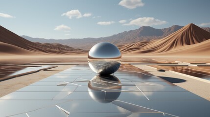 Amidst the vast expanse of a desert, a silver ball glints on a reflective surface, as if beckoned by the endless sky and clouds, with rugged mountains standing guard in the distance