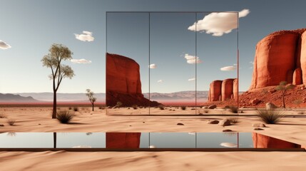 Amidst the endless desert, a lone tree stands beneath a vibrant sky, its reflection in a mirror on the ground reflecting the wild and ever-changing landscape