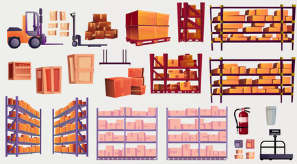 Cartoon warehouse equipment. Shelves with goods, various parcels. Rack with carton boxes. Forklift truck. Indoor storehouse. Industrial stockroom storage. Logistic delivery. Vector illustration