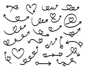 set of doodle love heart arrows