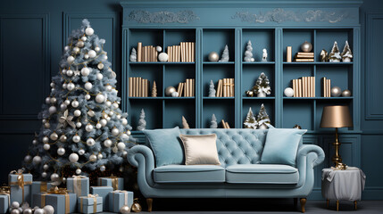living room interior A serene blue backdrop sets the tone for a festive Christmas theme