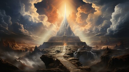 A majestic pyramid stands tall, its peak piercing through the golden clouds as the sun sets behind the rugged mountains, casting a warm glow over the serene landscape