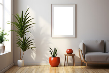 Blank vertical decorative art transparent frame mock-up. Beige wall