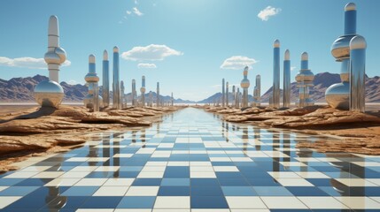 A majestic desert landscape is pierced by a winding road, flanked by towering skyscrapers and mosques, all under the vast expanse of a cloudy sky dotted with tall silver poles