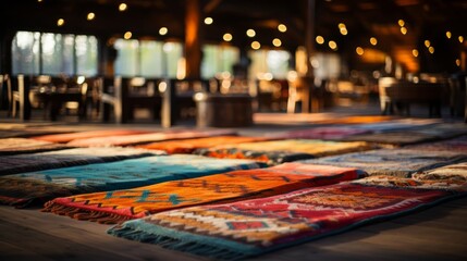 Vibrant rugs spill onto the wooden floor, adding a pop of color to the otherwise dark and quiet night, as if the street outside had come indoors to dance on the ceiling - obrazy, fototapety, plakaty