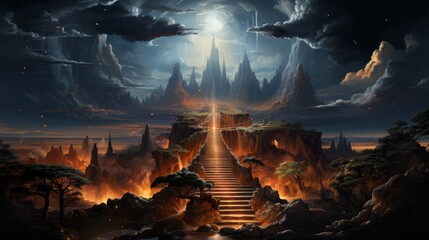 Amidst the ethereal clouds and majestic mountains, a mystical stairway emerges, beckoning us to ascend into the untamed beauty of the starlit sky - obrazy, fototapety, plakaty