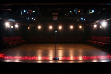 large, empty comedy club auditorium with spotlighted stage - obrazy, fototapety, plakaty