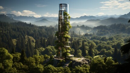 Amidst the majestic landscape of highland mountains, a towering tree-filled tower rises into the sky, blending seamlessly with the wild and untamed nature that surrounds it