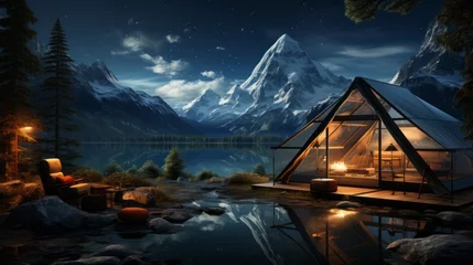 Photo sur Plexiglas Réflexion A tranquil winter night at a cabin by a mountain lake, where the trees dance under the starry sky and the snowy landscape reflects the beauty of nature's painting