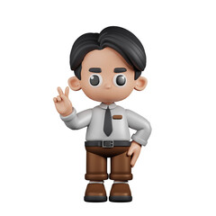 3d Character Businessman Showing Peace Sign Pose. 3d render isolated on transparent backdrop.