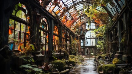 As the autumn leaves rustled outside, i stepped into the tranquil greenhouse, surrounded by a lush garden of vibrant plants, and strolled down the glass walkway