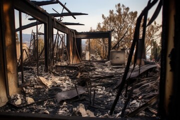 charred remnants of a fire-destroyed house