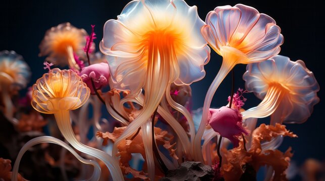 Vibrant coelenterates adorned with vibrant pink and orange blooms, gracefully floating in the ocean depths like ethereal creatures of wild beauty