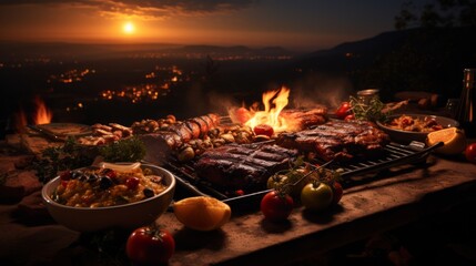 A blazing fire dances under the starry night sky, as a sizzling barbecue grill cooks up a mouthwatering dish of outdoor culinary perfection