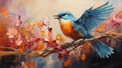A mesmerizing painting captures the delicate beauty of a bird perched on a branch, its vibrant feathers brought to life with each stroke of the artist's brush