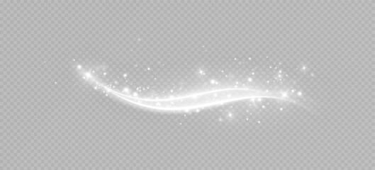 A transparent light effect with a curved and wavy surface. White sparkles sparkle with their light effect. Bright white lines. Abstract lines of movement. Light trace wave.	 - obrazy, fototapety, plakaty