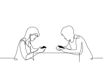 man and a woman are sitting at the table opposite each other with their heads buried in their phones - one line art vector. concept obsession with social networks, addiction to phone