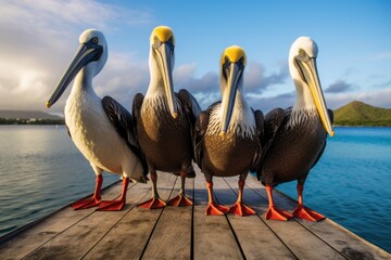 pelicans standing on a dock over ocean waters - obrazy, fototapety, plakaty