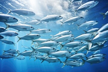 a school of silver fish swimming in perfect unison