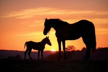 a silhouette of a mare with her foal at sunset