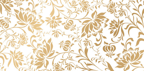 vector illustration seamless pattern with peony flowers leaves golden colors hand drawn floral ornament for wedding invitation, greeting cards, textile, wallpapers, packaging, wrapping papers material - obrazy, fototapety, plakaty