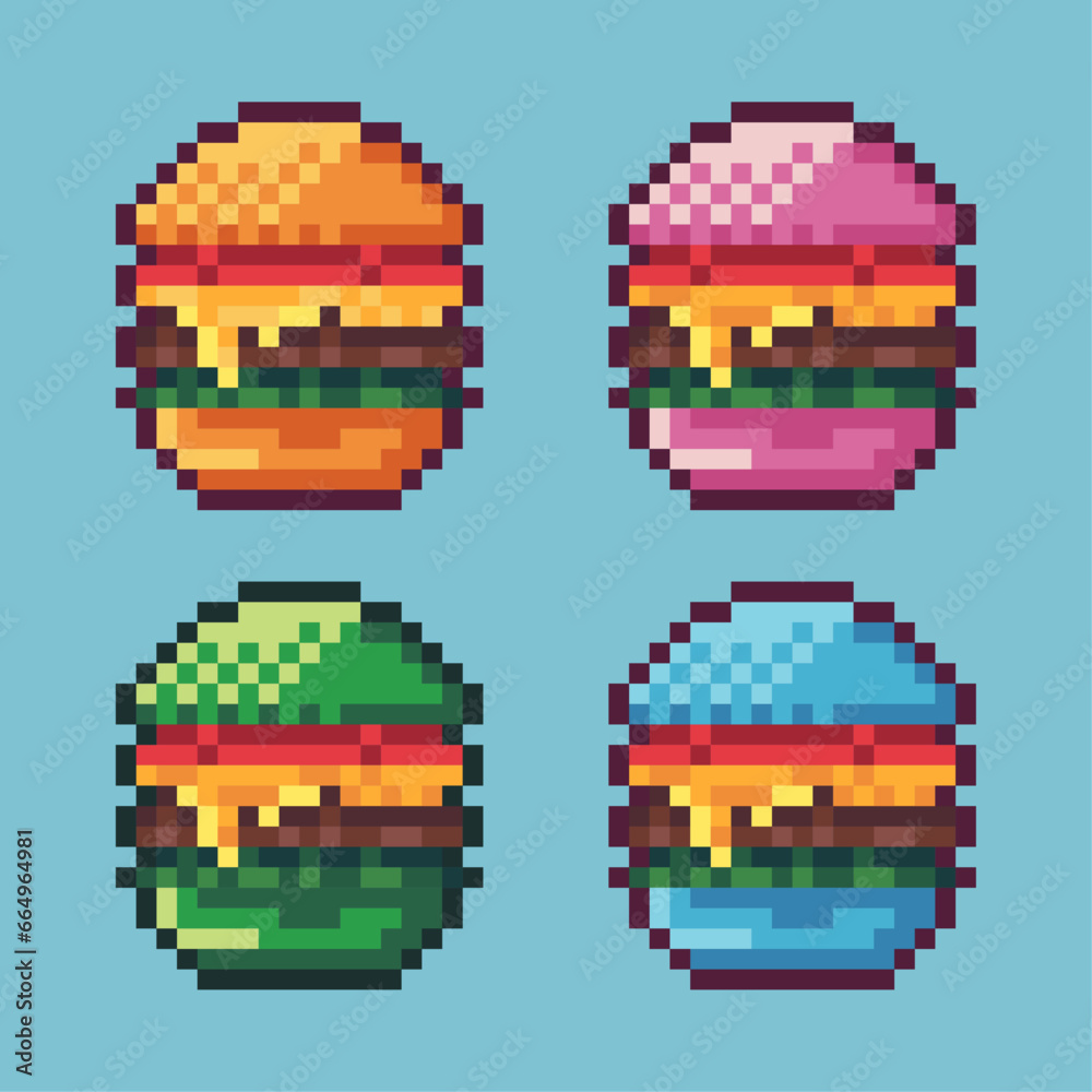 Poster pixel art sets of burger fastfood with variation color item asset. simple bits of hamburger on pixel