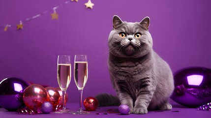 cat Celebrating New Years Party with wine on a purple background