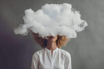 Woman with cloud over his head depicting solitude and depression - obrazy, fototapety, plakaty
