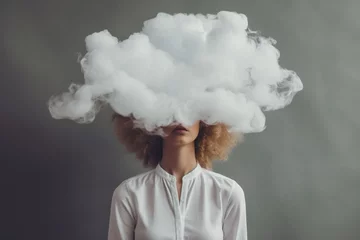 Fotobehang Woman with cloud over his head depicting solitude and depression © Denis