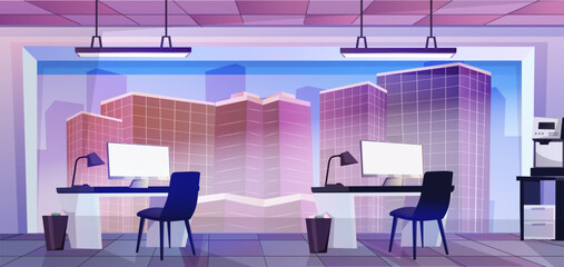 Modern co-working office interior. Large panoramic window with city skyscraper view. Cute cartoon design. Desk and table with computer and armchair. Employee and colleague concept. Vector illustration
