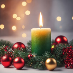 Christmas illustration with burning candle, Christmas tree branches, red and golden balls and other decorations. Generative AI