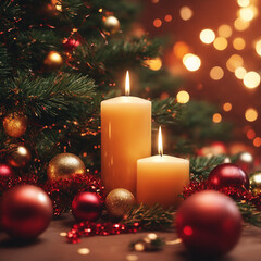 Christmas illustration with two burning candles, Christmas tree branches, red and golden balls and other decorations. Generative AI