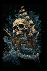 Illustration of fancy victorian vintage giant skull pirate ship on rough sea - obrazy, fototapety, plakaty