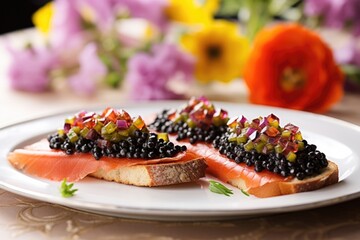 a pair of caviar bruschetta served on a floral ceramic plate