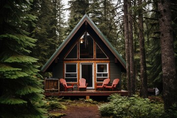 Fototapeta na wymiar forest cabin surrounded by evergreen trees