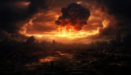 nuclear  bomb ,dramatic scene, show the destruction on a land 