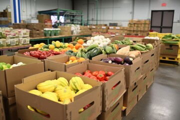 boxes of donated fresh fruits and vegetables - obrazy, fototapety, plakaty