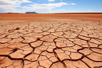 cracked red desert soil due to drought - obrazy, fototapety, plakaty