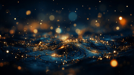 Fototapeta na wymiar Golden Elegance: Abstract Dark Blue Background with Glistening Gold Particles, a Captivating Blend of Christmas Light Shine and Festive Bokeh